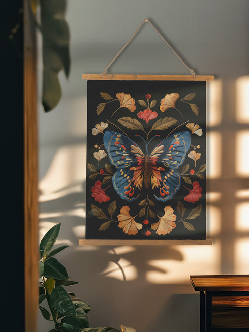 Ancient sunsets meet twilight waters in this captivating botanical symphony of light and shadow. This extraordinary wall hanging showcases a majestic sapphire butterfly adorned with vibrant coral and golden accents, framed by a harmonious arrangement of amber and coral ginkgo leaves against midnight velvet. The intricate 3D print replicates the dimensional quality of fine embroidery, each golden vein and azure wing rendered with museum-quality precision. A breathtaking centerpiece for entryways, reading noo